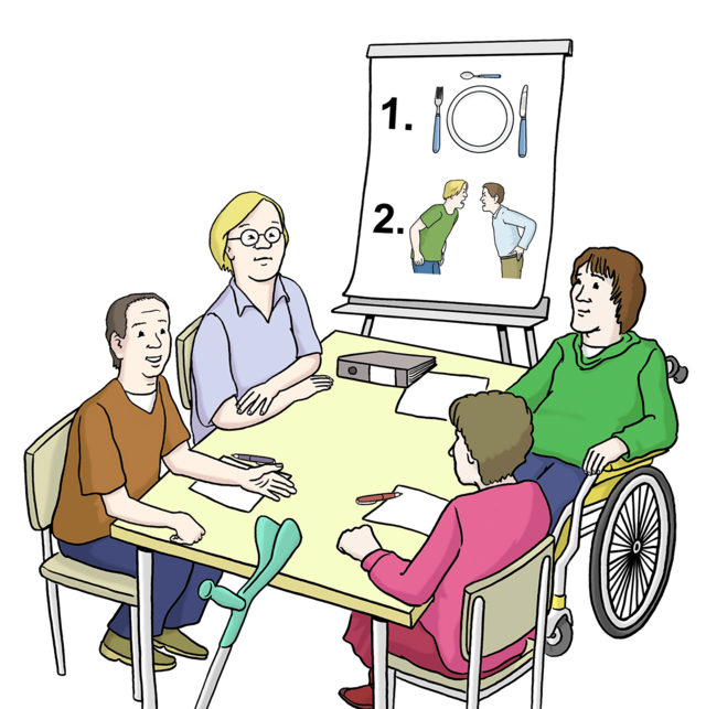 Illustration: Vier Menschen mit Behinderung sitzen zusammen ein einem Tisch: Bewohnerbeirat - copyright:Lebenshilfe für Menschen mit geistiger Behinderung Bremen e.V.