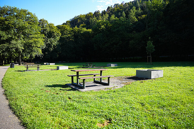 Mehrere Bank- und Tischkombinationen aus Holz und Feuerstellen aus Beton auf einer Wiese