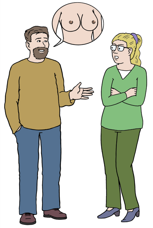 Sexuelle Belästigung (Sprache) Illustration: Ein Mann spricht. In der Sprechblase ist eine weibliche Brust zu sehen. Die Frau neben ihm hält die Arme verschränkt vor ihrer Brust und dreht sich leicht weg. - copyright:Lebenshilfe für Menschen mit geistiger Behinderung Bremen e.V.