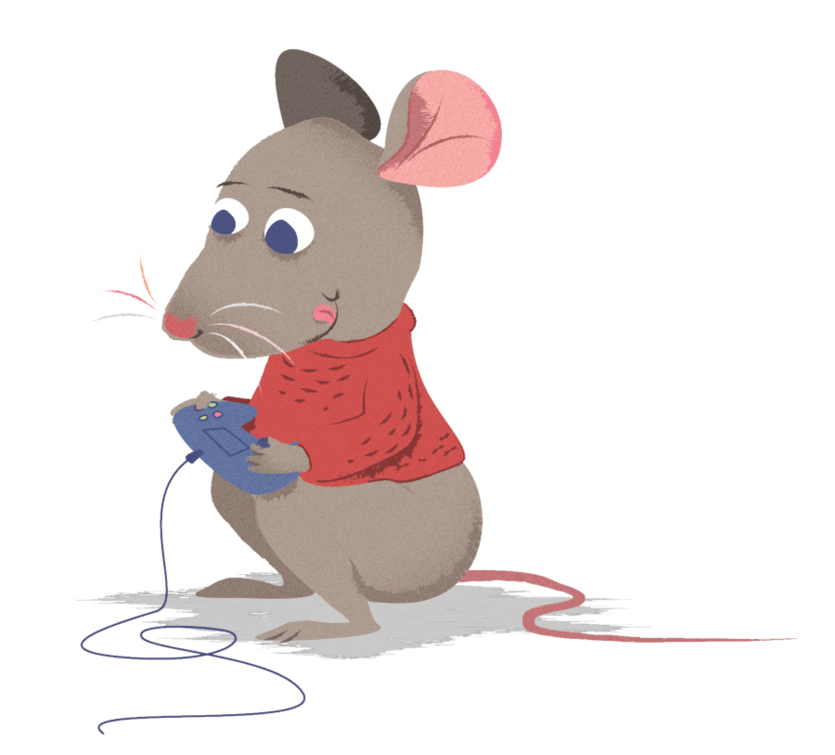 Farbige Illustration einer Maus, die einen Controller in der Hand hält.  - copyright: Stadtbibliothek Pforzheim - Ersteller: Stadtbibliothek Pforzheim