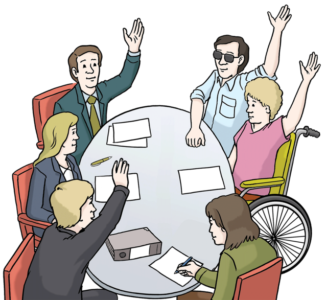 Illustration: Menschen mit und ohne Behinderung sitzen an einem Tisch und stimmen über etwas ab: Mitbestimmung. - copyright:Lebenshilfe für Menschen mit geistiger Behinderung Bremen e.V.