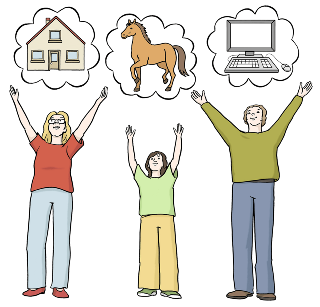 Illustration: Menschen, die sich jeweils etwas bestimmtes wünschen (Pferd, Haus, Computer). - copyright:Lebenshilfe für Menschen mit geistiger Behinderung Bremen e.V.