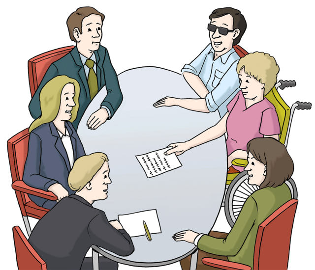 Illustration: Menschen mit und ohne Behinderung sitzen an einem Tisch: Mitwirkung. - copyright:Lebenshilfe für Menschen mit geistiger Behinderung Bremen e.V.