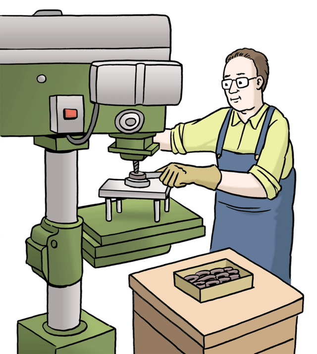 Illustration: Mann arbeitet an einer Maschine - copyright:Lebenshilfe für Menschen mit geistiger Behinderung Bremen e.V