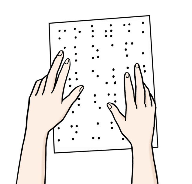 Illustration: Blindenschrift lesen: Hände betasten ein Blatt mit Blindenschrift - copyright:Lebenshilfe für Menschen mit geistiger Behinderung Bremen e.V.