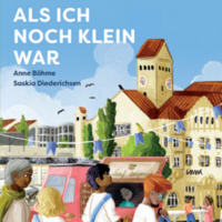 Eine Zeichnung: Drei Kinder und eine ältere Frau sind im Vordergrund zu sehen, im Hintergrund sind Gebäude aus Pforzheim zu sehen.
