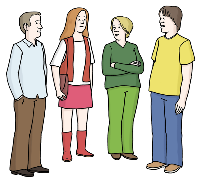 Illustration: Mehrere Leute stehen beisammen und unterhalten sich. - copyright:Lebenshilfe für Menschen mit geistiger Behinderung Bremen e.V.