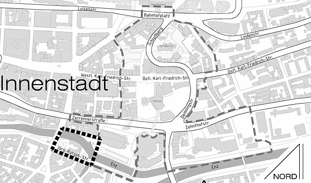 Lageplan mit Erweiterungsgebiet (schwarz) und bisheriges Sanierungsgebiet (grau)