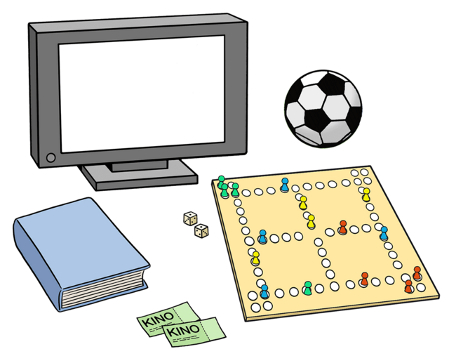 Illustration: Fernseher, Brettspiel, Fußball, Buch, Kinokarten: Freizeit. - copyright:Lebenshilfe für Menschen mit geistiger Behinderung Bremen e.V.