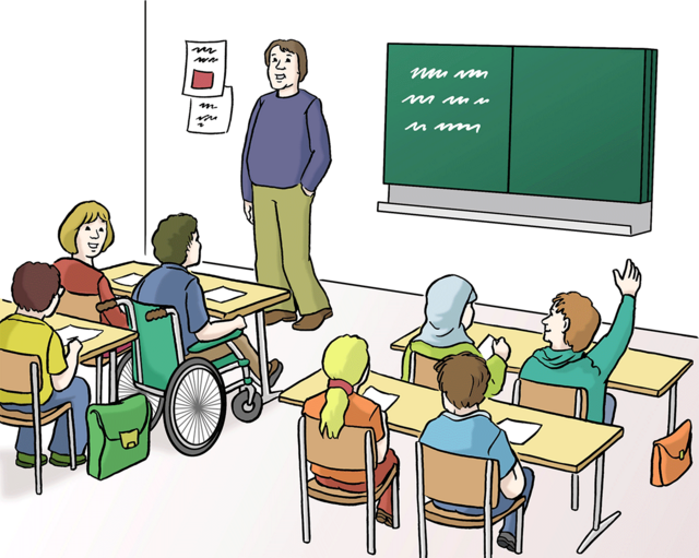 Illustration: Ein Klassenzimmer. - copyright:Lebenshilfe für Menschen mit geistiger Behinderung Bremen e.V.
