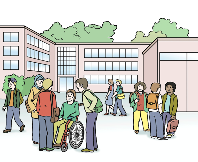 Illustration: Eine Schule von außen; Pausenhof. - copyright:Lebenshilfe für Menschen mit geistiger Behinderung Bremen e.V.