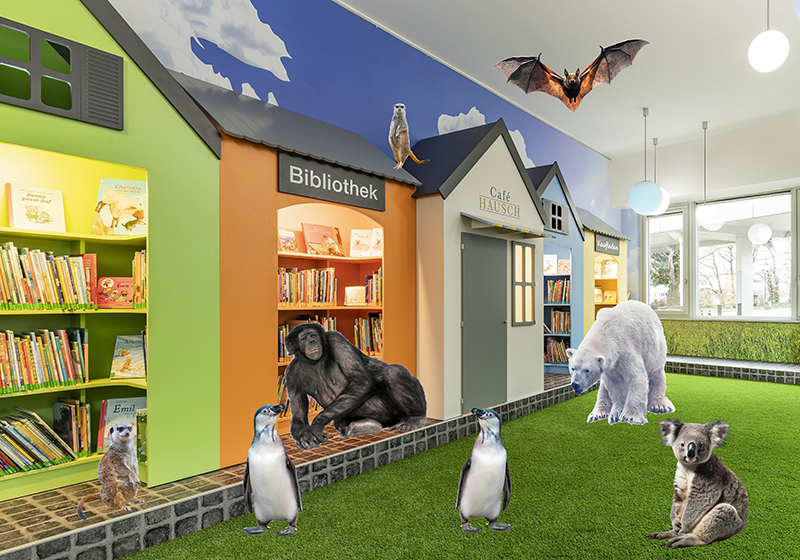 Farbige Fotografie von Bücherregalen in der Kinderbibliothek mit eingefügten Bildern von Tieren - copyright: Stadtbibliothek Pforzheim - Ersteller: Stadtbibliothek Pforzheim