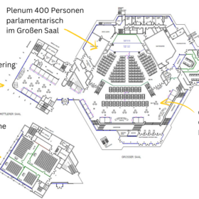 Ansicht eines Plans des CongressCentrums Pforzheim mit eingezeichneten Tischen und Stühlen, Bühne, Cateringflächen, Messeständen und Foyers