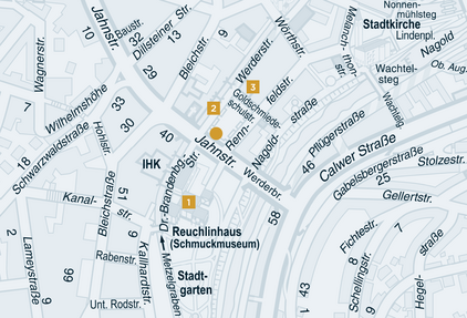 The Goldschmiedeschulplatz with Reuchlinhaus and Stadtgarten on the Pforzheim city map from 2015. - copyright:Stadt Pforzheim