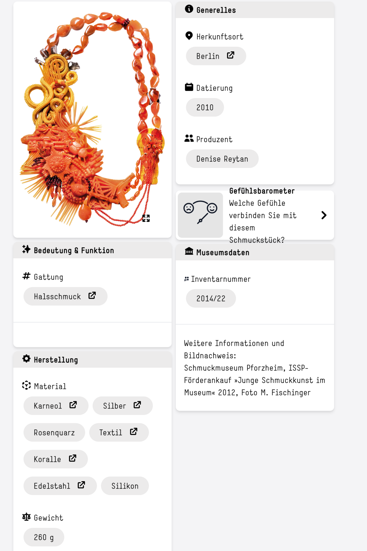 Halsschmuck mit dazugehörigen Daten, wie Gattung, Material, Herkunft - copyright:Schmuckmuseum