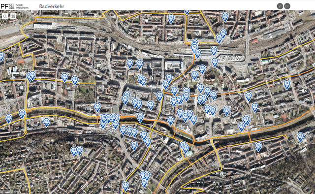 Screenshot der Karte im BürgerGIS zum Thema Radverkehr. - copyright:Stadt Pforzheim