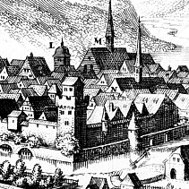 Ausschnitt aus dem Kupfersticht „Pforzheim“, mittelalterliche Stadtansicht von Westen: Das Kloster der Dominikanerinnen. - copyright:gemeinfrei