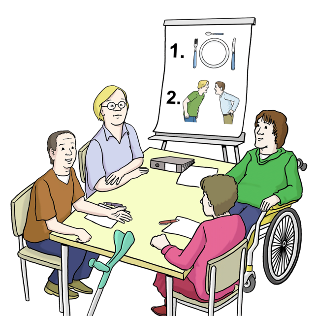 Illustration: Vier Menschen mit Behinderung sitzen zusammen ein einem Tisch: Bewohnerbeirat - copyright:Lebenshilfe für Menschen mit geistiger Behinderung Bremen e.V.