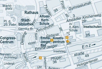 Stadtplan von 2015 mit Markierungen Emma-Jaeger-Bad, Kreativzentrum EMMA und Enzufer. - copyright:Stadt Pforzheim