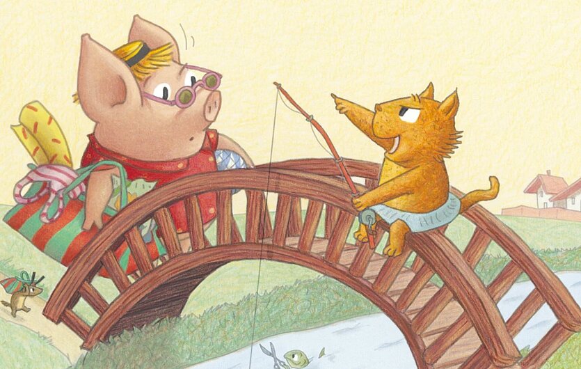 Illustration von einem Schwein das auf einer Brücke steht. - copyright: Dressler Verlag - Ersteller: Dressler Verlag