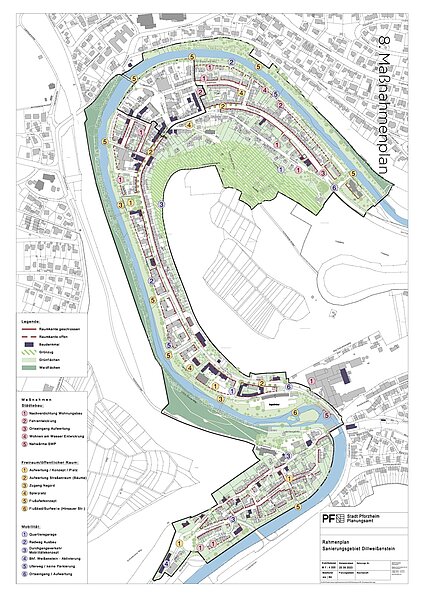 Karte: Maßnahmenplan für die Bereiche Städtebau, Freiraum/öffentlicher Raum und Mobilität - copyright:Stadt Pforzheim