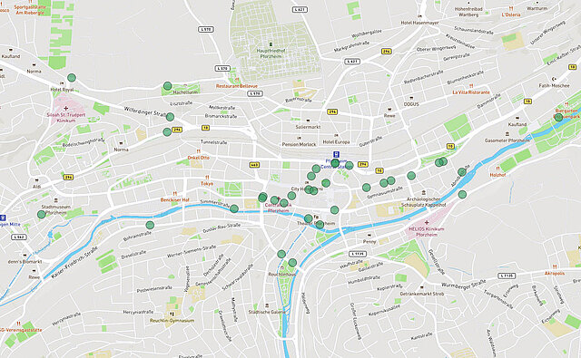Kartenansicht: Gesamtübersicht sichere Straßenräume (alle Verkehrsarten) - copyright:Kartenausschnitt: OpenStreetMap / Grafische Bearbeitung: Kokonsult