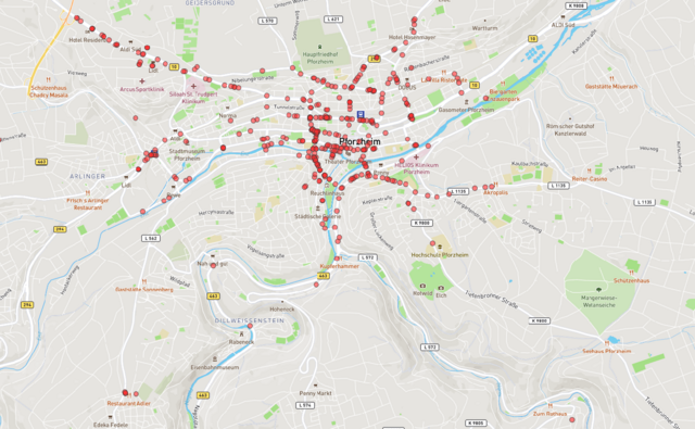 Kartenansicht: Gesamtübersicht unsichere Straßenräume (alle Verkehrsarten) - copyright:Kartenausschnitt: OpenStreetMap / Grafische Bearbeitung: Kokonsult