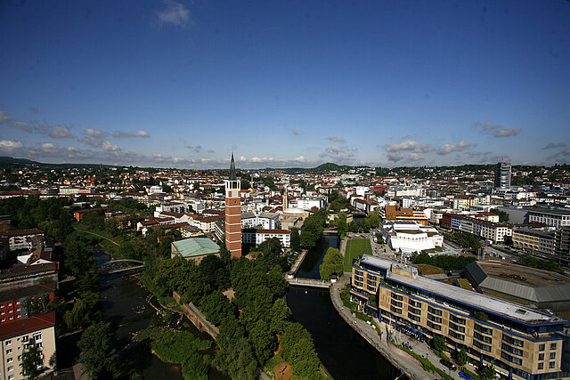 Luftaufnahme von Zusammenfluss von Enz und Nagold in Pforzheim - copyright:WSP Wirtschaft und Stadtmarketing Pforzheim