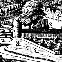 Ausschnitt „Pforzheim“, mittelalterliche Stadtansicht von Westen: Der Lindenplatz war um 1643 eine Festwiese. - copyright:gemeinfrei