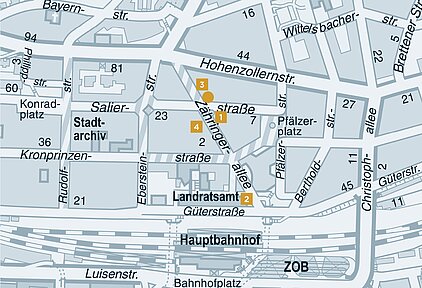 Pforzheim city map 2015: The buildings and places described around Zähringerallee after 1945. - copyright:Stadt Pforzheim