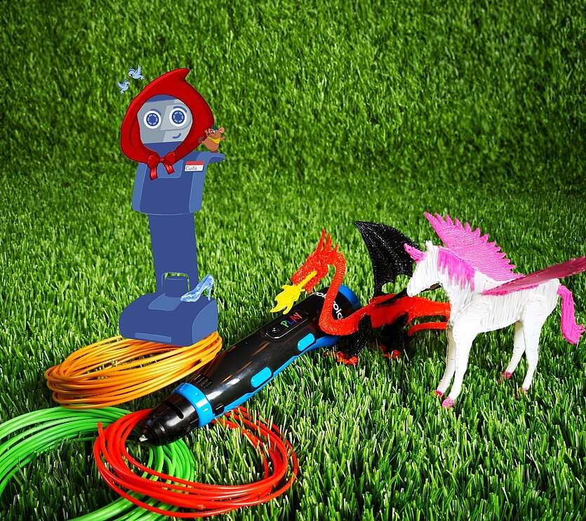 Fotografie von einem 3D-Stift und einem Drachen und einem Einhorn erstellt mit dem 3D Stift - copyright: Stadtbibliothek Pforzheim - Ersteller: Stadtbibliothek Pforzheim