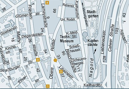 Stadtplan von 2015 mit Markierungen der Villa Rodi, Villa Schütt und Rodgebiet. - copyright:Stadt Pforzheim