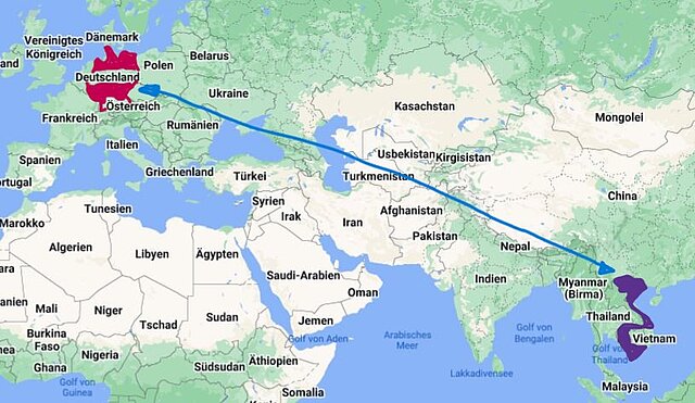 Weltkarte mit eingezeichnetem Pfeil Vietnam Deutschland und Deutschland-Vietnam - copyright:Lebenshilfe Vaihingen-Mühlacker e.V.