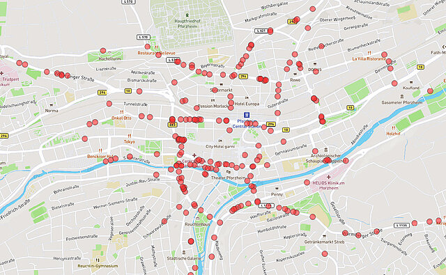 Kartenansicht: Unsicherheitsgefühl bei Radfahrer/-innen - copyright:Kartenausschnitt: OpenStreetMap / Grafische Bearbeitung: Kokonsult