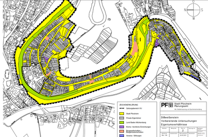 Kartenausschnitt Untersuchungsgebiet: Plan Nr. 2: Eigentumsverhältnisse - copyright:Stadt Pforzheim