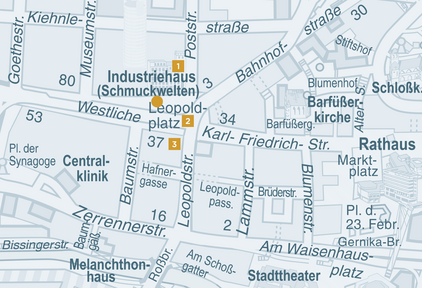 Pforzheimer Stadtplan von 2015 mit Markierung der beschriebenen Orte und Gebäude am Leopoldplatz. - copyright:Stadt Pforzheim