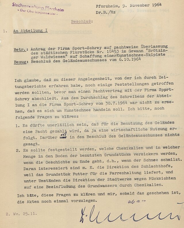 Foto: Dokument: Antrag der Firma Sport-Schrey auf pachtweise Überlassung des Flurstücks