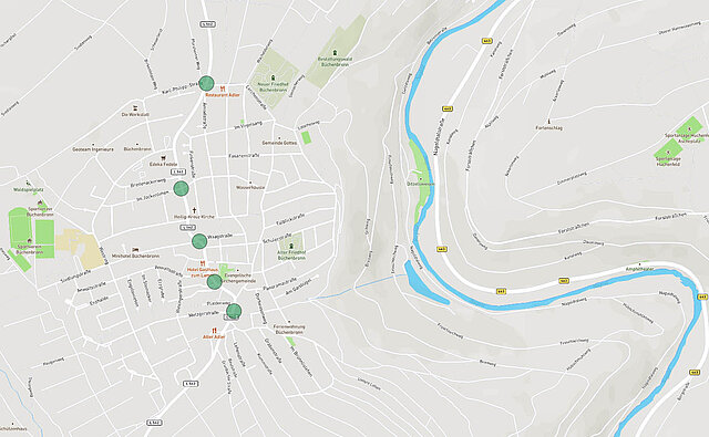 Kartenansicht: Positives Beispiel für die Querbarkeit von Straßen: die L562 in Büchenbronn (zu Fuß/mit Rollstuhl) - copyright:Kartenausschnitt: OpenStreetMap / Grafische Bearbeitung: Kokonsult
