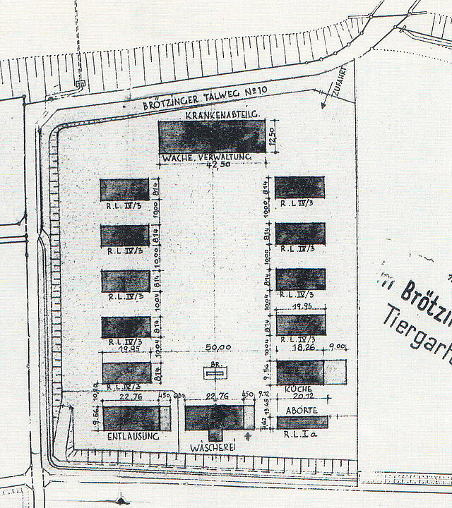 Abb.: Lageplan des Zwangsarbeiterlagers im Brötzinger Tal (Stadtarchiv Pforzheim, B63-Brötzinger Talweg 10) - copyright:Stadtarchiv Pforzheim