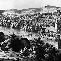Zeichnung um 1830: Pforzheim und Enz mit Altstädter Brücke. - copyright:Stadtarchiv Pforzheim – Institut für Stadtgeschichte, S1-4-1-R-1