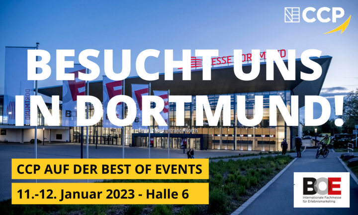 Einladung des CongressCentrum Pforzheim zur Messe Best Of Events 2023 in Dortmund mit dem Hintergrundbild der Messe Dortmund