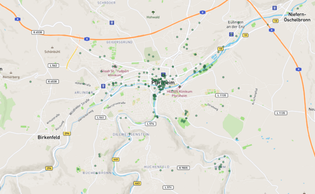 Kartenansicht: Gesamtübersicht gut zu erreichender Orte (alle Verkehrsarten) - copyright:Kartenausschnitt: OpenStreetMap / Grafische Bearbeitung: Kokonsult