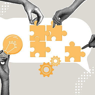 Zeitgenössische Halbton-Collage. Konzept zur Lösung eines Problems, Anregung einer Idee, Vorschlag eines fehlenden Teils zur Lösung eines Problems, Beratung. Hand, die ein fehlendes Teil zur Vervollständigung des Puzzles vorschlägt. Moderne Business-Collage für Design. Vektor-Illustration