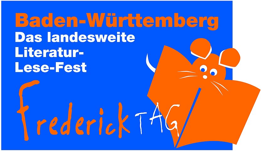 Logo vom Frederick-Tag Orange Maus hinter einem Buch - copyright: FREDERICK, ©1967 by Leo Lionni, ©renewed 1995 by Leo Lionni. Used with permission from the Lionni family and NORAELEO LLC. - Ersteller: Regierungspräsidien Baden-Württemberg - Fachstellen für das öffentliche Bibliothekswesen