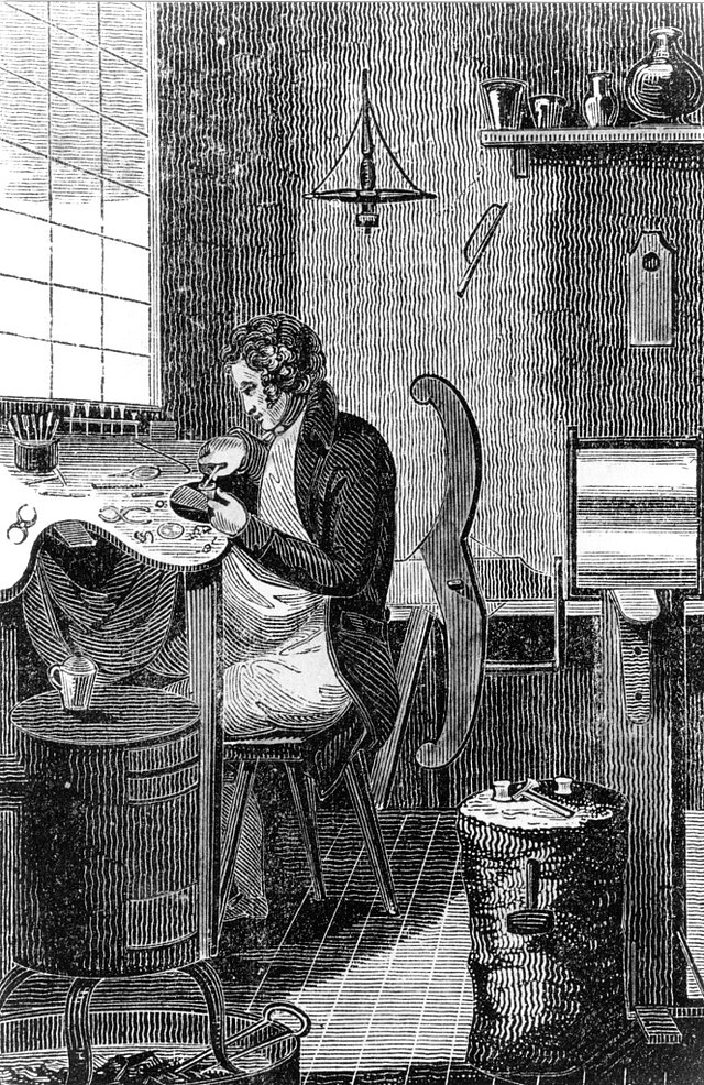 Zeitgenössischer Stich: Goldschmied bei der Arbeit