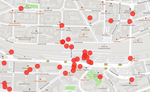 Kartenausschnitt: Schlechte Erreichbarkeit des Hauptbahnhofs (Fahrrad/E-Bike, Auto) - copyright:Kartenausschnitt: OpenStreetMap / Grafische Bearbeitung: Kokonsult