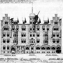 Schwarz-Weiß-Abbildung: Zeitgenössische Bauzeichnung des Jugendstileckhauses Nr. 27/29 von 1906. - copyright:Stadtarchiv Pforzheim – Institut für Stadtgeschichte, B64-Zähringerallee 27/29