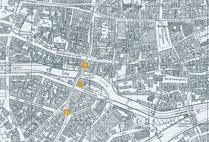 Pforzheimer Stadtplan von 1941 mit Markierungen Roßbrücke und Sedanplatz. - copyright:Stadt Pforzheim