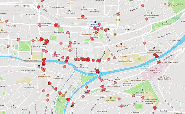 Kartenansicht: Schlechte Querbarkeit von Straßen im Kernstadtbereich (zu Fuß/mit Rollstuhl, Fahrrad/E-Bike) - copyright:Kartenausschnitt: OpenStreetMap / Grafische Bearbeitung: Kokonsult