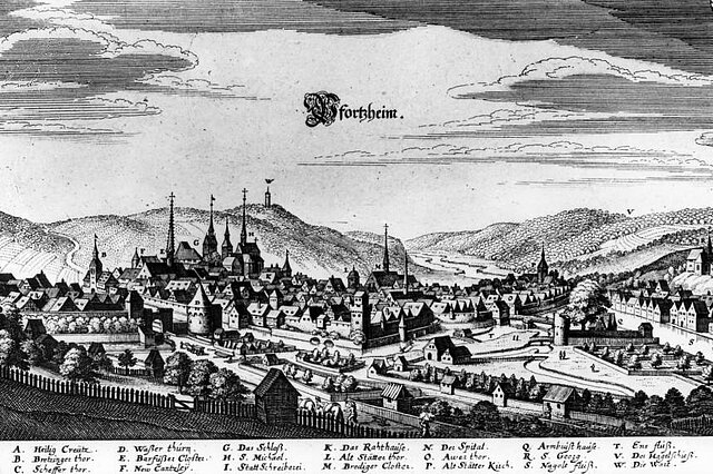 Das Bild zeigt das Originaldokument eines Merianstich von Pforzheim